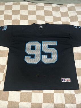 Vtg Carolina Panthers Black Football Jersey with Blue-Outlined Silver 95